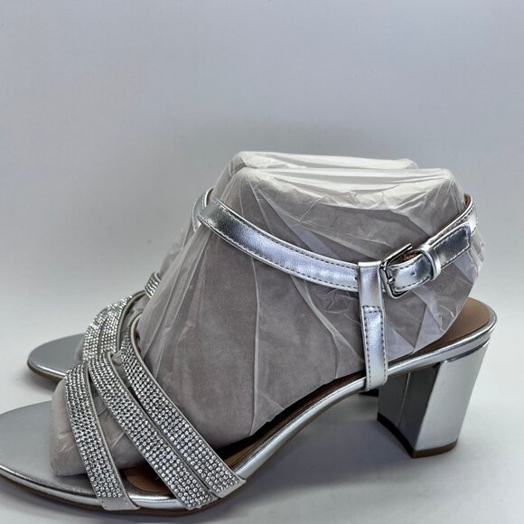 Naturalizer Bridget4 Silver Strappy Rhinestone Sandal Size 8.5 WIDE Block Heel - Picture 3 of 16